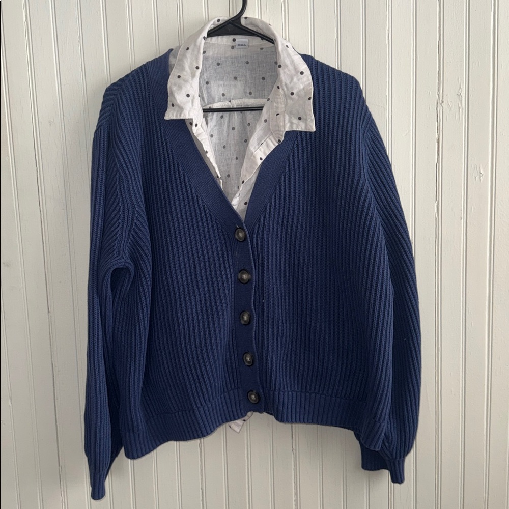 Old Navy Set-Navy‎ Blue Shaker-Stitch Cardigan & Polka Dot Button-Down Shirt